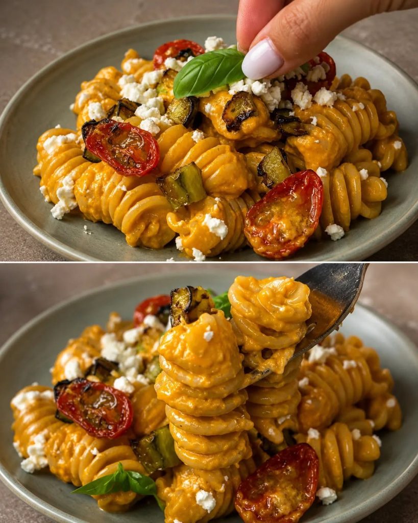 Fusilli med auberginekräm, körsbärstomater och feta: krämig, smakrik och superlätt att tillaga.