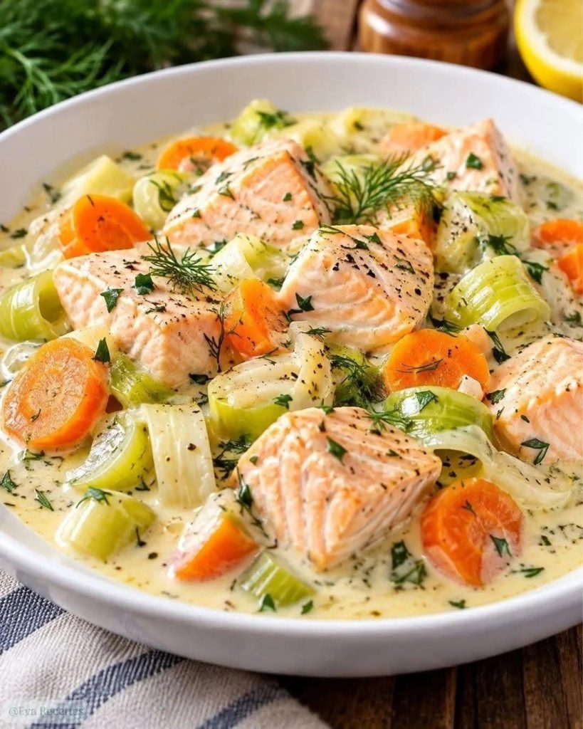 Laxgryta med purjolök och morötter: ett enkelt och krämigt recept